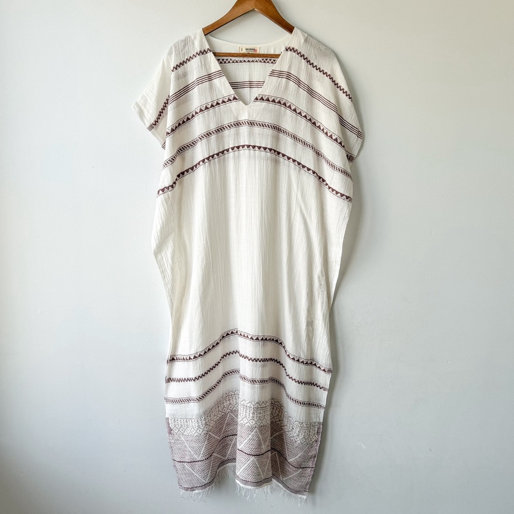 Lemlem Cream Coverup Caftan with Brown Embroidered Stripes